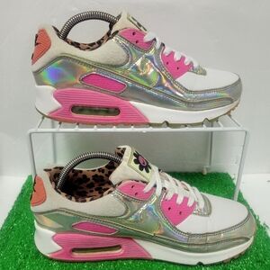 Nike Air Max 90 GS Leopard Iridescent CQ2559-100 Women's 9 Shoes Sneakers Girly